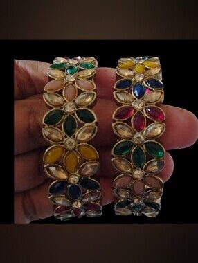 Gold-Tone Multicolor Floral Kundan Bangles - Women Jewelry